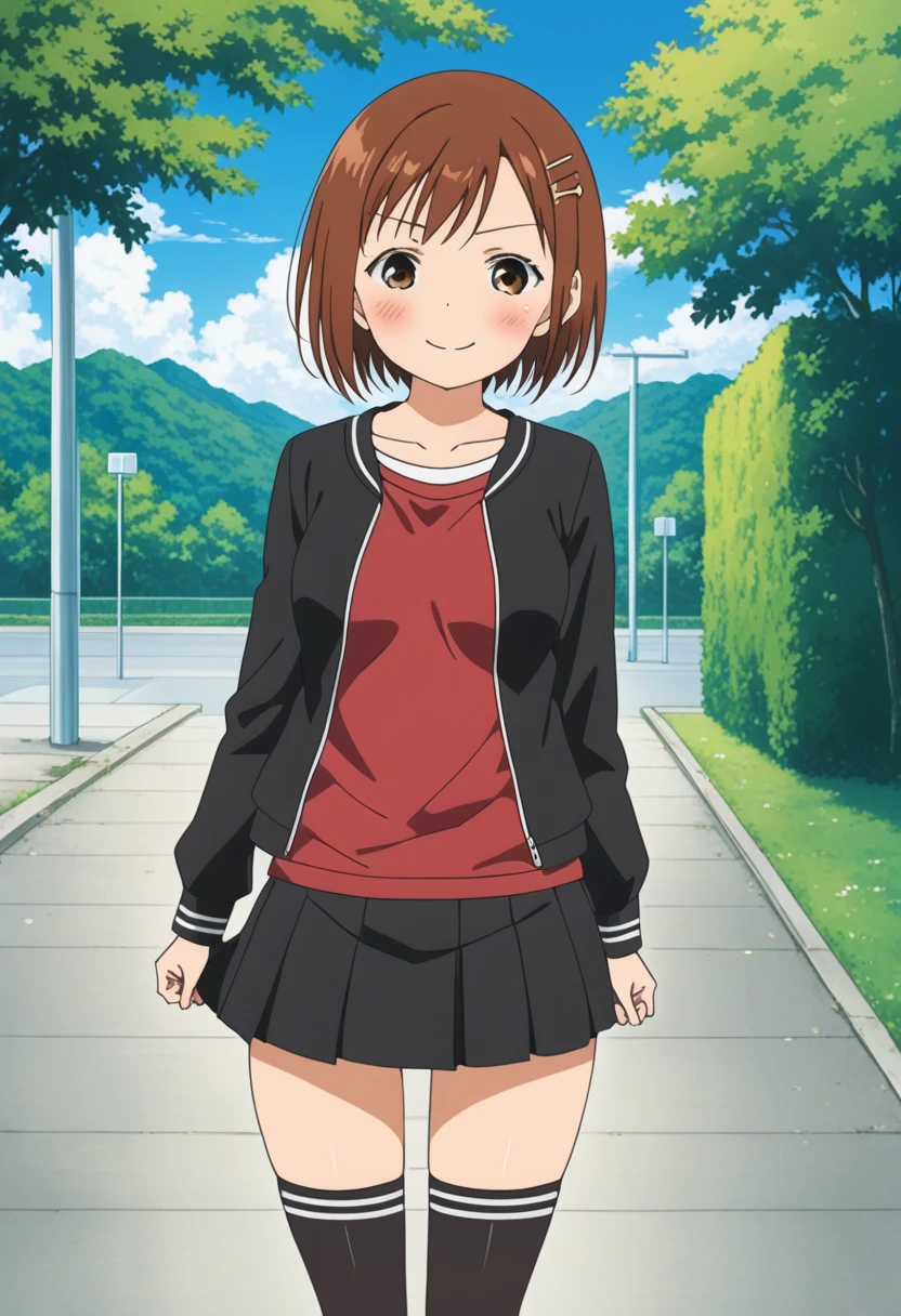 score_9, score_8_up, score_8, source_anime, 1girl, solo, brown eyes, brown hair, hair ornament, hairclip, short hair, black jacket, red shirt, black skirt, embarrassed, smile, from front, ,
outdoor,miniskirt,socks,(((lift skirt,panties))),blush