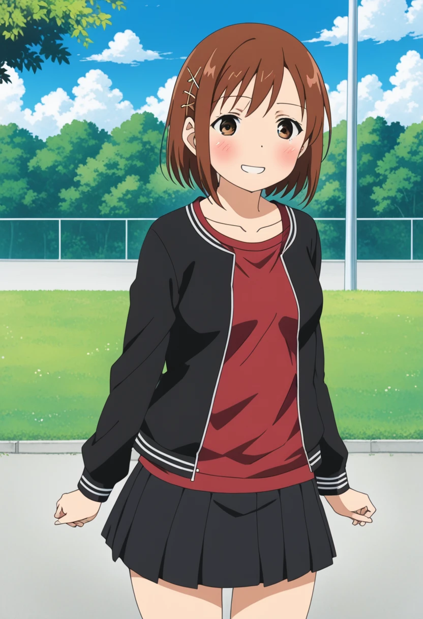 score_9, score_8_up, score_8, source_anime, 1girl, solo, brown eyes, brown hair, hair ornament, hairclip, short hair, black jacket, red shirt, black skirt, embarrassed, smile, from front, ,
outdoor,miniskirt,socks,(((lift skirt,panties))),blush