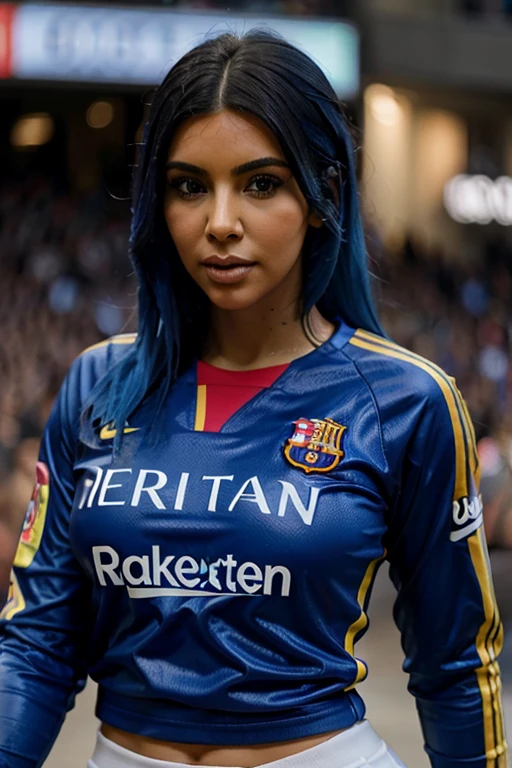 Kim Kardashian blue hair, FC Barcelona jersey