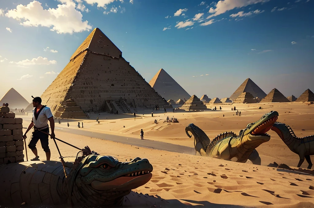 man in front of the Egyptian pyramids in Giza, fights crocodiles