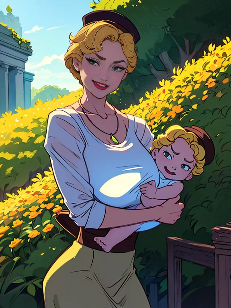 Helga Sinclair, her holding  girl, Victorian dress, huge breasts, glowing crystal necklace, white top brown skirt, smile, white button blouse, buttons undone, hair up, brown hat with yellow flowers, looking at viewer, in park, green hedges