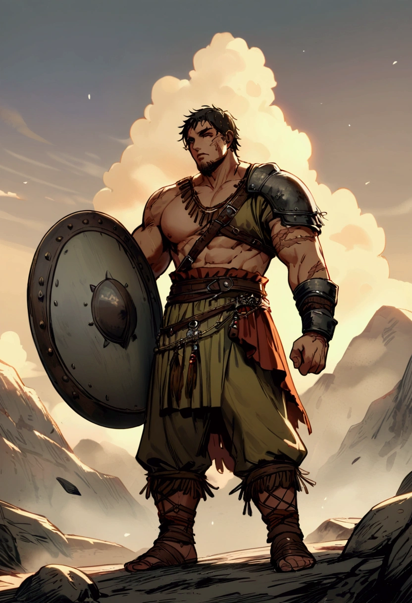 one men, half giant, holding round sword and shield, short hair, scars on the face and body, light outfits, barbarian, RPG