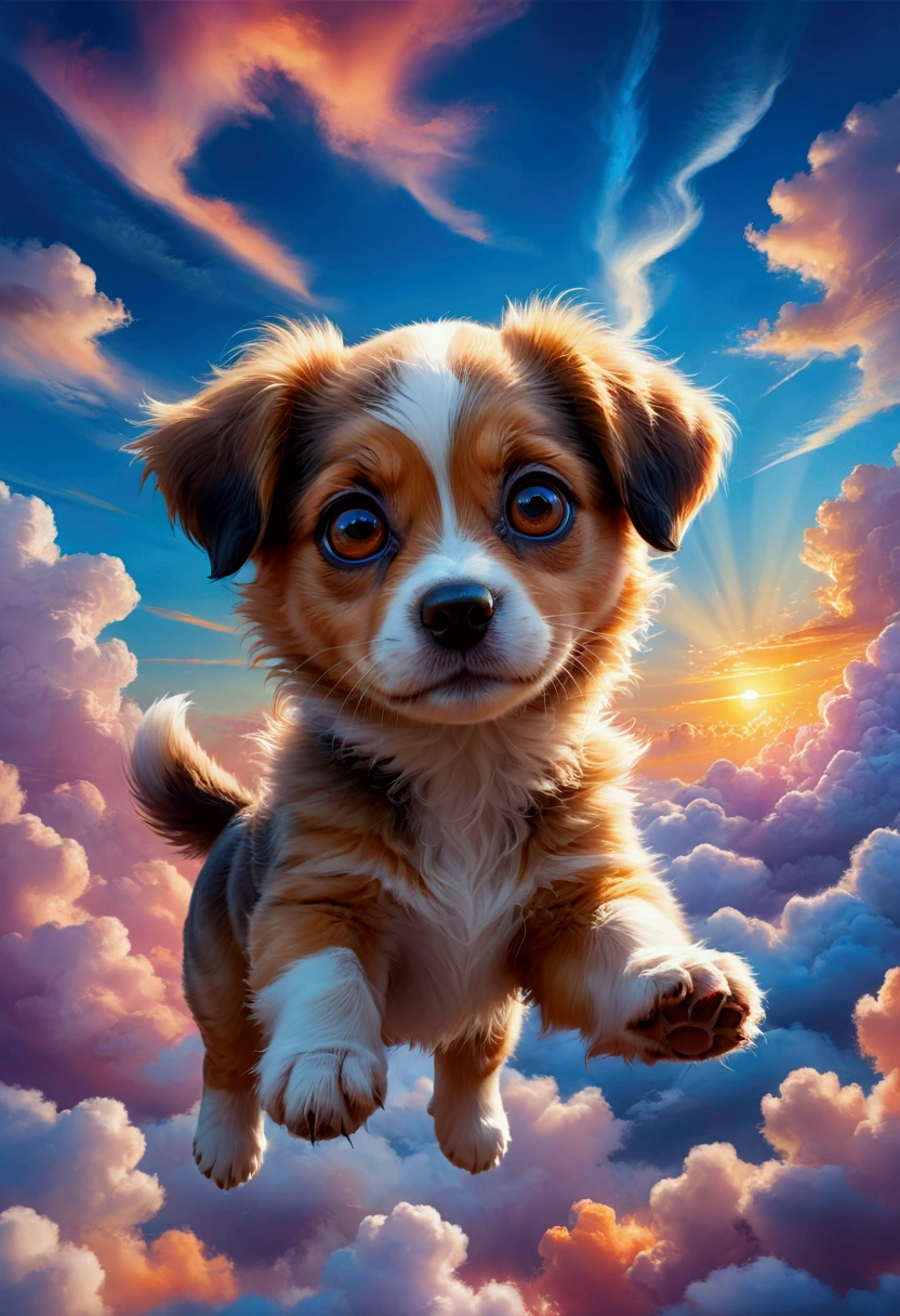 1dog, Flying Puppy, in the middle of the sky, in the sky, a cute puppy flying in the sky, fluffy fur, big eyes, adorable expression, against a colorful sunset sky, (4k,8k,highres:1.2), ultra-detailed, highly detailed, intricate details, soft lighting, warm colors, magical realism, fantasy, masterpiece, best quality, very aesthetic, absurdres