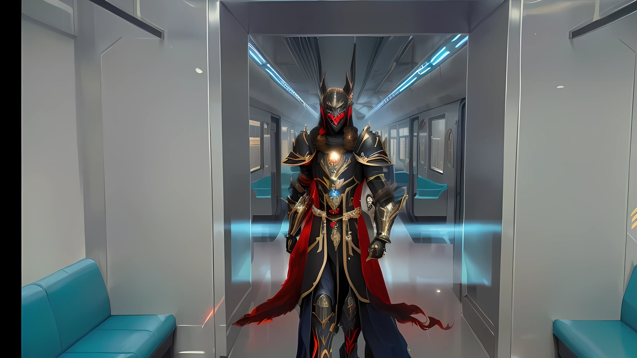 there is a man in a suit standing in a hallway, black fire color reflected armor, the shaman of the subway, black and red reflected armor, mystical anubis valkyrie, lord of cinder, draconic looking armor, an epic majestical degen trader, t-pose of male magic wizard, clothed in ethereal battle armor, photo of ghost of anubis
