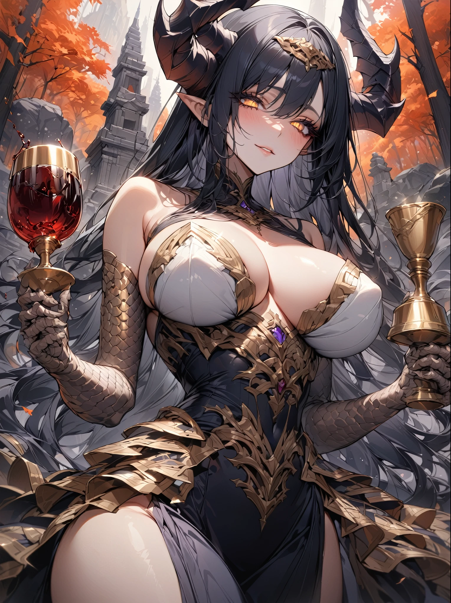 A masterpiece, Very detailed, ultra detailed, Alone, female, long dark blue hair, straight hair, golden eyes with slanted pupils, scales on arms, big breasts, high, ELEGANT DRESS, priestess, gentle smile, outdoor stone temple, draconic hands, cola, draconic horns, autumn forest, close up, broad smile, Chapped lips, long and thick eyelashes, squinted eyes, Santa, white scales, chalice with wine, bare shoulders