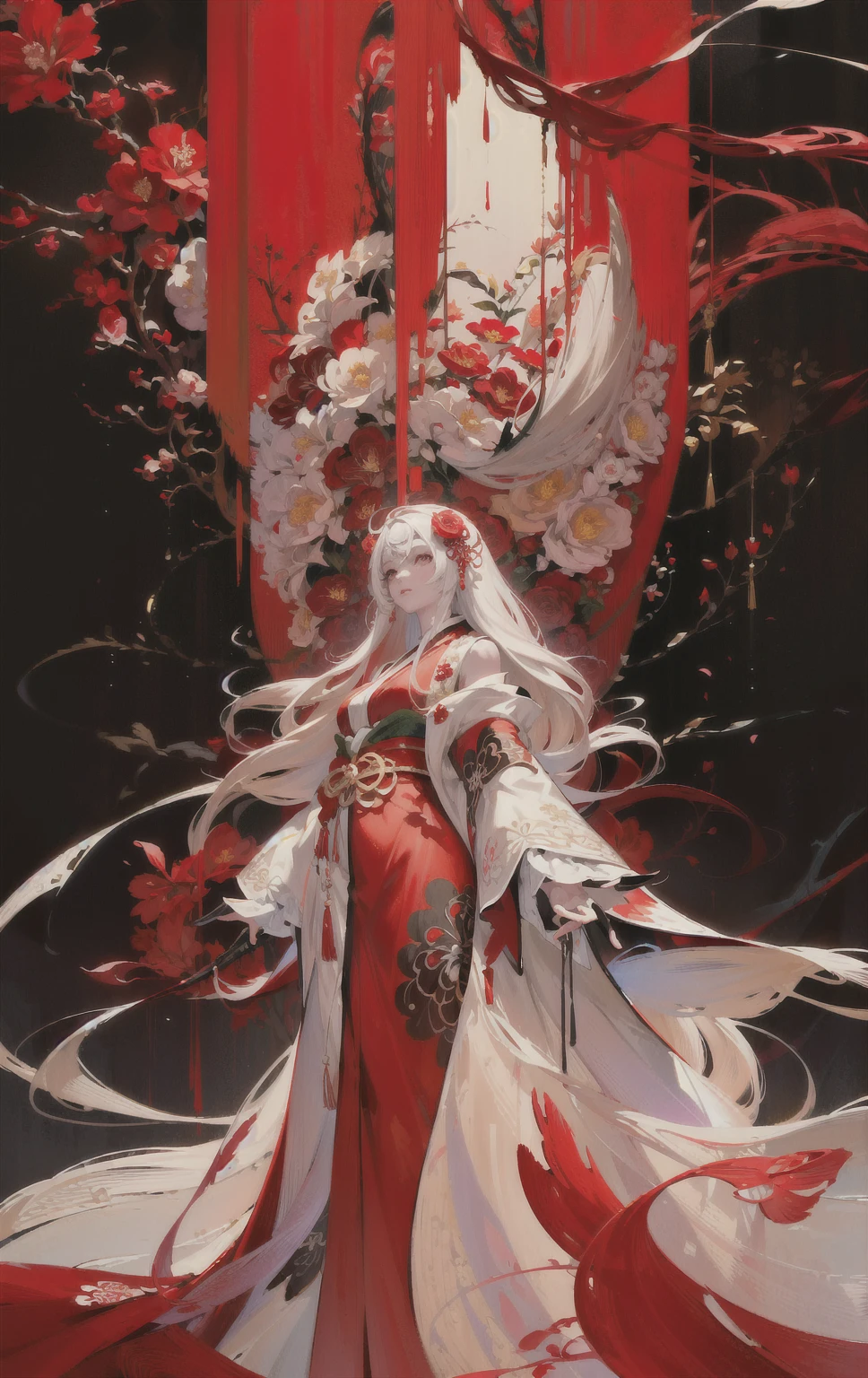 digital painting, anime-style, a beautiful young woman with long flowing white hair adorned with red flowers, wearing a traditional red and white kimono with intricate floral patterns, standing gracefully against a dramatic and ornate background filled with red and white floral motifs, vibrant and contrasting color scheme with dominant reds, detailed and elaborate designs, soft and ethereal lighting, serene and poised expression, high contrast, intricate details, elegant and captivating atmosphere, highly detailed, perfect lighting, vibrant colors, (masterpiece: 2), best quality, ultra highres, original, extremely detailed, perfect lighting