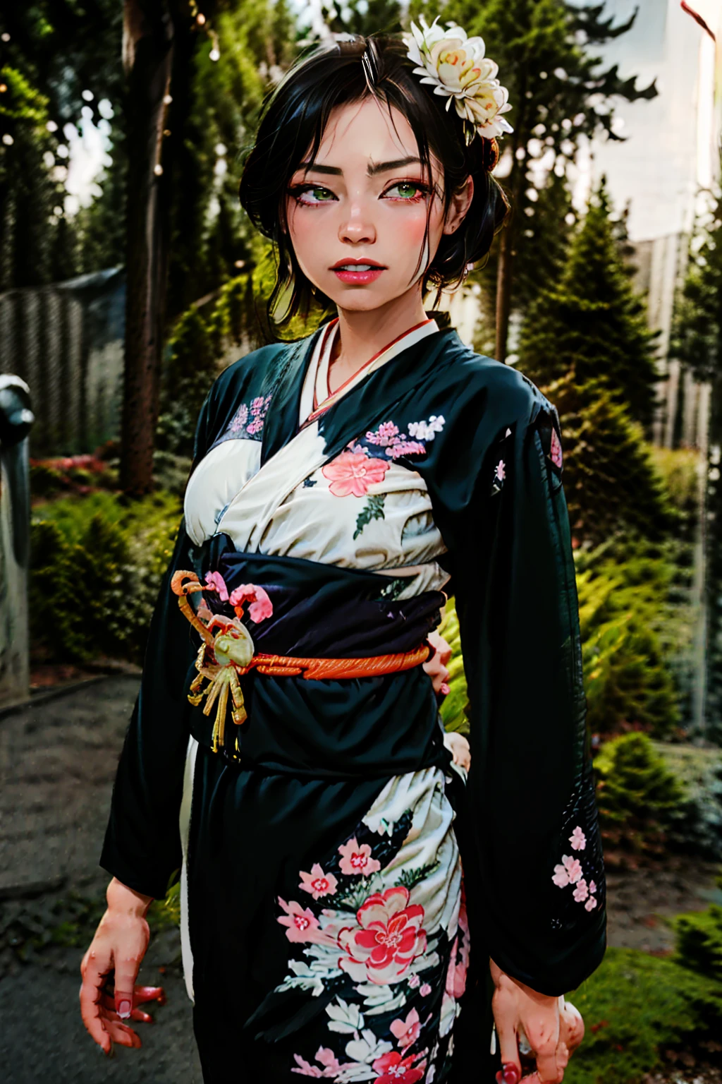 a beautiful woman with green eyes and black hair, wearing a kimono, standing elegantly in a japanese garden, detailed facial features, high quality, photorealistic, 8k, ultra-detailed, masterpiece, dramatic lighting, vivid colors, serene atmosphere, sonriendo, mirada de alegria, kimono blanco, detalles