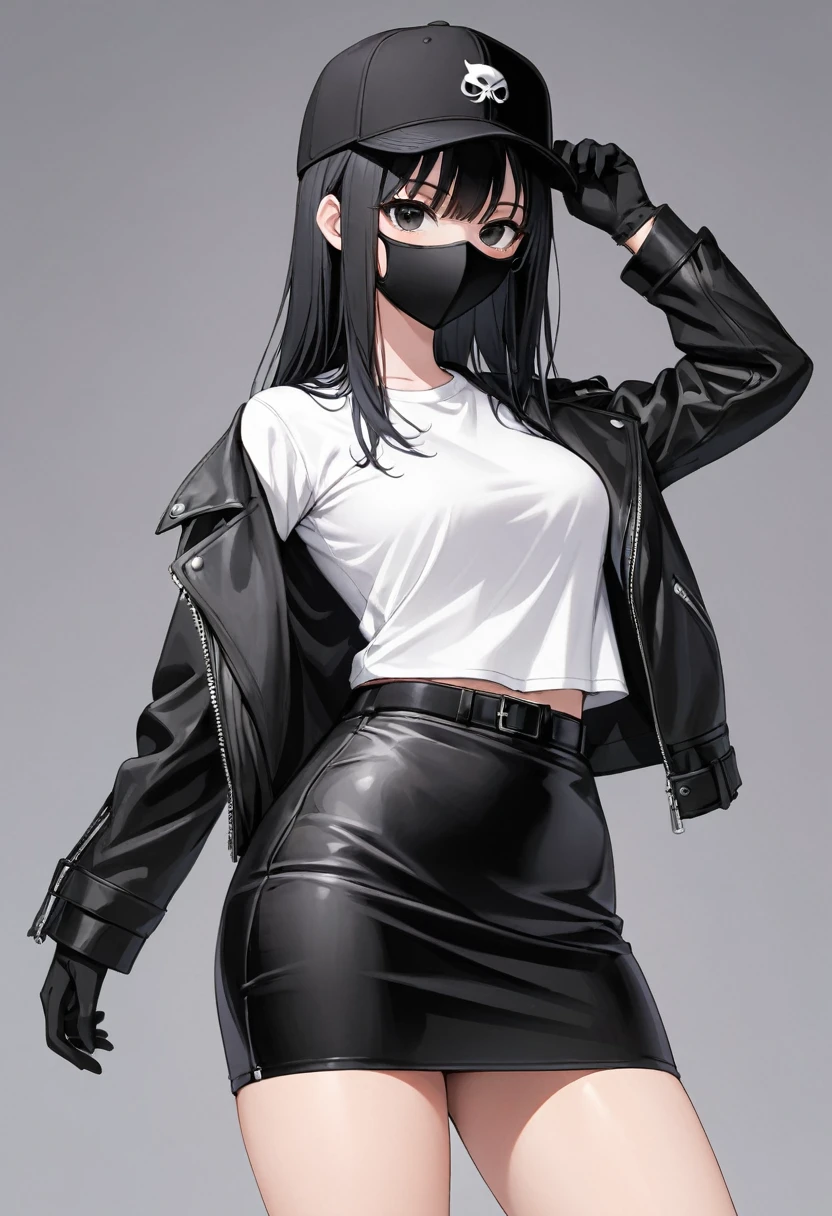 Black miniskirt , Black sneakers , white t-shirt , Black leather jacket , pencil skirt , Leather skirt , whole body , thighs , black hair , black eyes , straight hair , black ball cap , long sleeves , bare legs , face , Black gloves , standing posture , close up , black mask , Black waistband