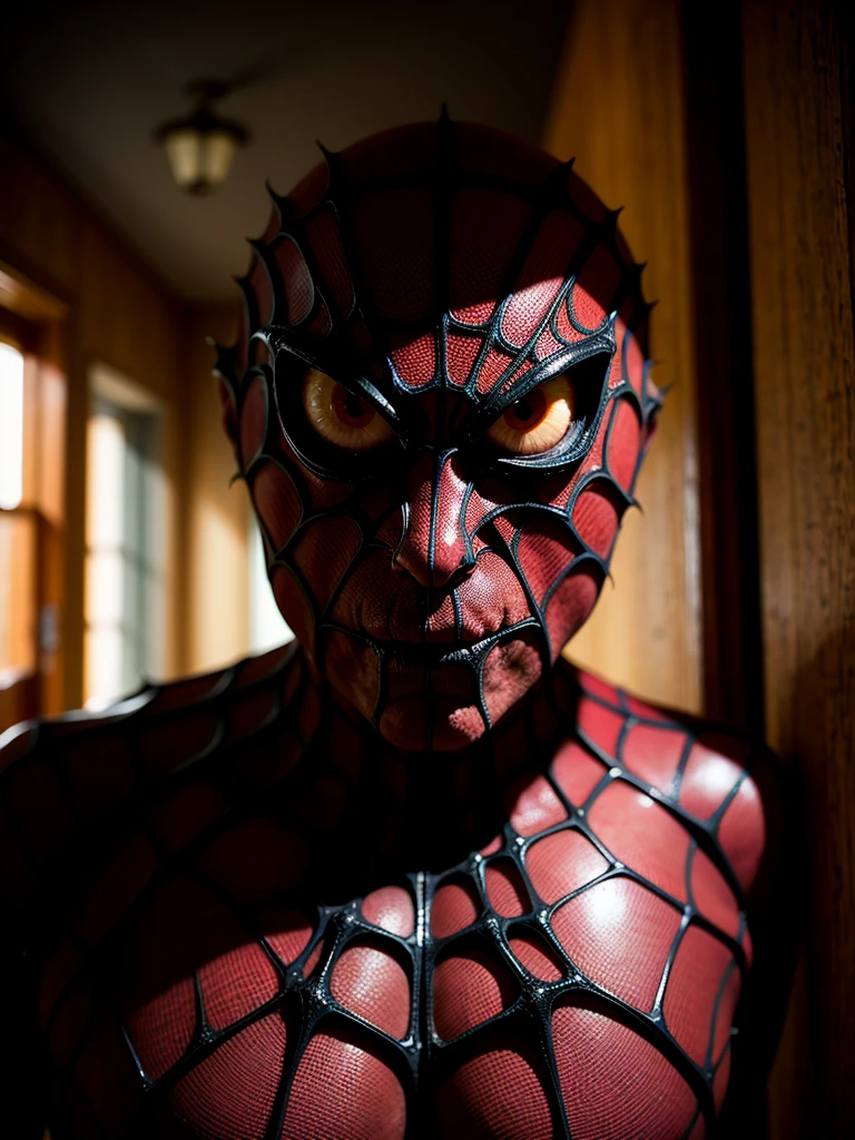Close up photoshoot, man and spider, hybrid, scary creature, creeping from the shadows, horror, horror, dark corridor, gloomy lighting, dark shadows, depth of field, bokeh