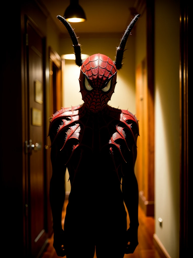 Close up photoshoot, man and spider, hybrid, scary creature, creeping from the shadows, horror, horror, dark corridor, gloomy lighting, dark shadows, depth of field, bokeh