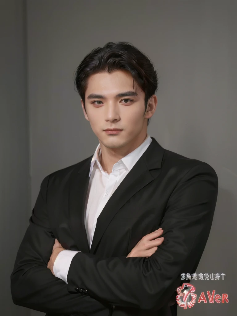 A man in a black suit covers a white shirt underneath.,Standing with arms crossed, Handsome and elegant,  handsome man, Official Photos, Handsome and charming,  promotional pictures, Pose in style, handsome man, He was doing a graceful pose with his arms crossed.