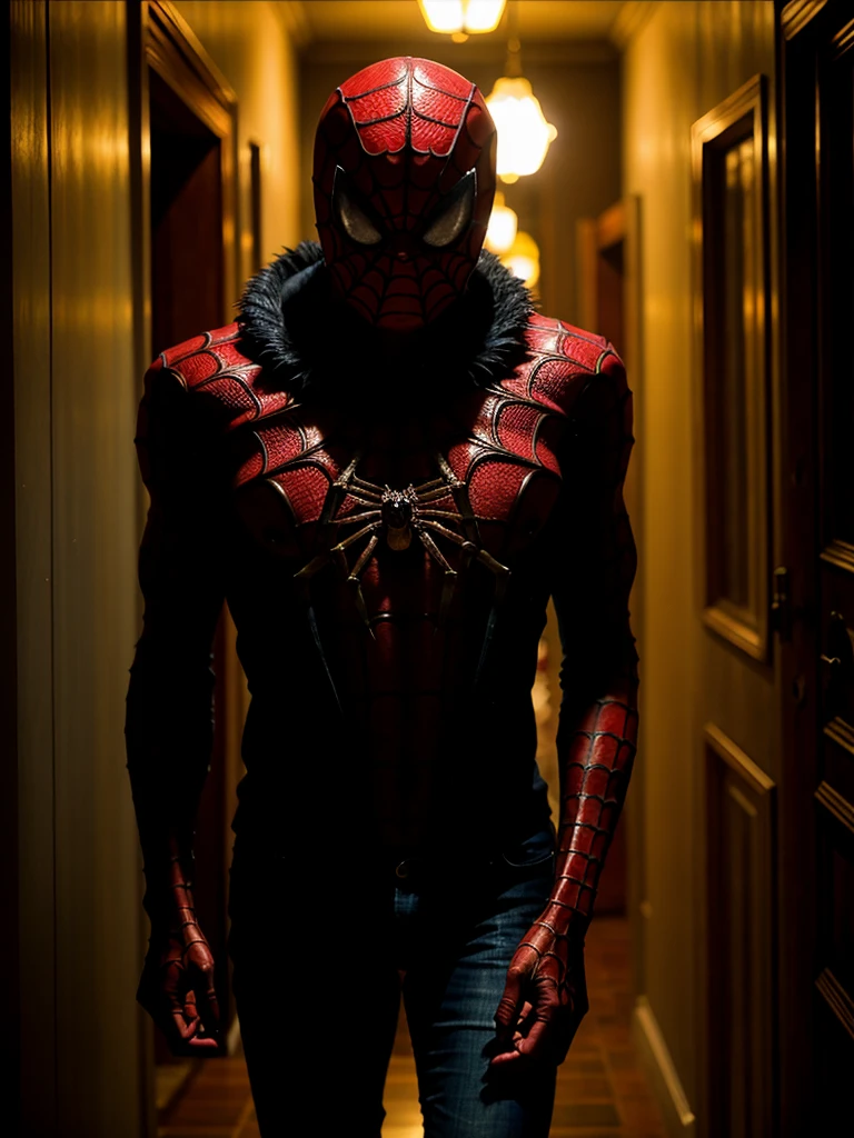 Close up photoshoot, man and spider, hybrid, scary creature, creeping from the shadows, horror, horror, dark corridor, gloomy lighting, dark shadows, depth of field, bokeh