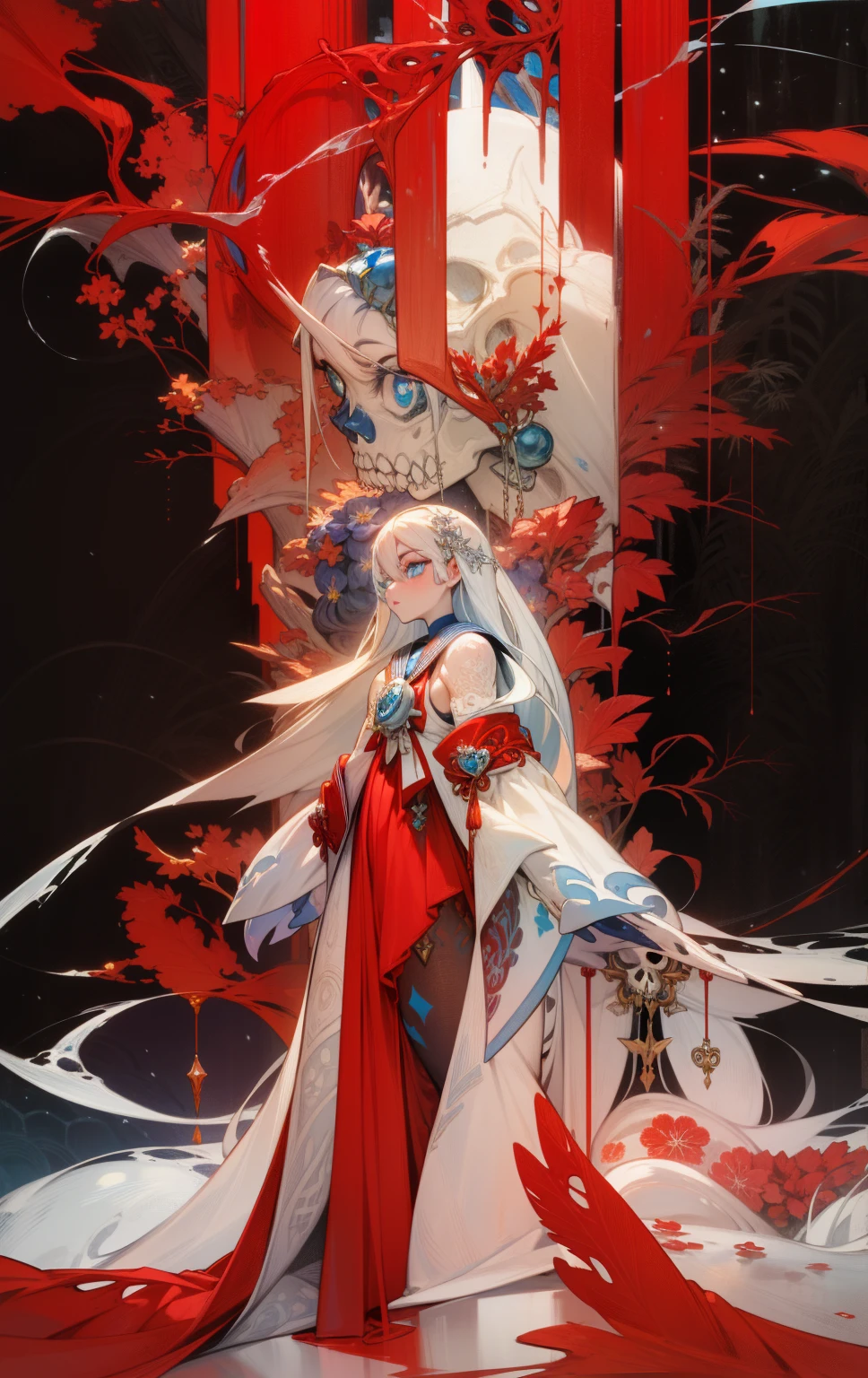 ((best quality)), ((official art)), ((masterpiece)), textile shading, ((ultra-detailed)), solo, full color, (1girl, solo, bssmsuperoutfit, circlet, white leotard,,blue sailor collar, sleeveless, heart brooch, miniskirt, white gloves, hairstyle, hairlength , detailed face, (full body:1.1)), (in nature) (best quality, highres, ice skull:1.1), ice skull, girl style, thick body art, detailed facial features, icy blue eyes, glossy lips, long eyelashes, porcelain skin, blue and silver color scheme, intricate skull design, realistic texture, vibrant colors, elaborate background, mysterious atmosphere, frozen garden, snow-covered trees, sparkling ice crystals, surreal lighting, fantasy elements