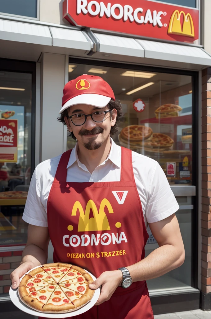 Ronald MC Donald's, clown, holding a pizza box labeled with capital letters C and P in a triangle,in front of Burger King.
