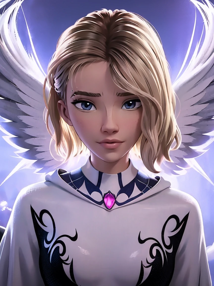 ((raw photo)), ((masterpiece)), anthropomorphic humanoid AngelGirl wearing white noble robe, intricate detail, futobot, intricate Greebles pieces, sky behind, pink, beautiful wings, detailed eyes and lips
