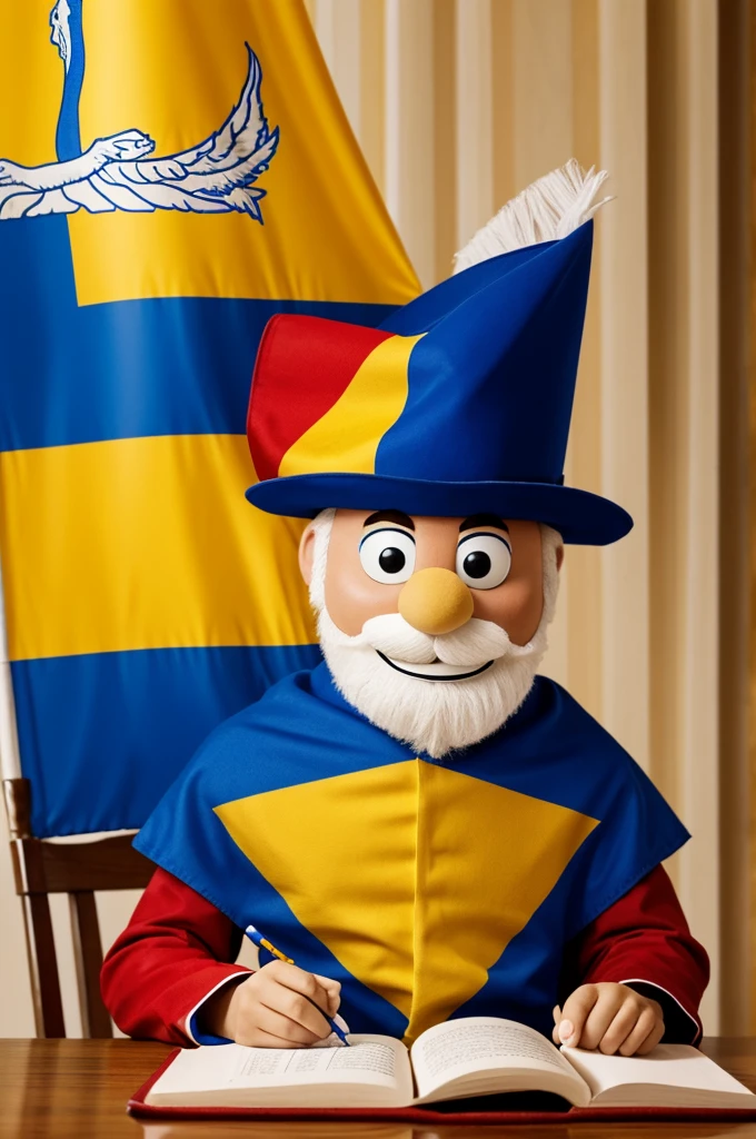 Create a mascot that has to do with writing and world literature with a small Colombian flag somewhere