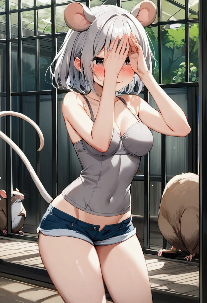 1girl with short grey hair, black eyes, slender body, medium breasts, natural mouse ears, natural mouse tail, blush, embarrassed, cover her face, grey bra, short shorts,zoo aviary