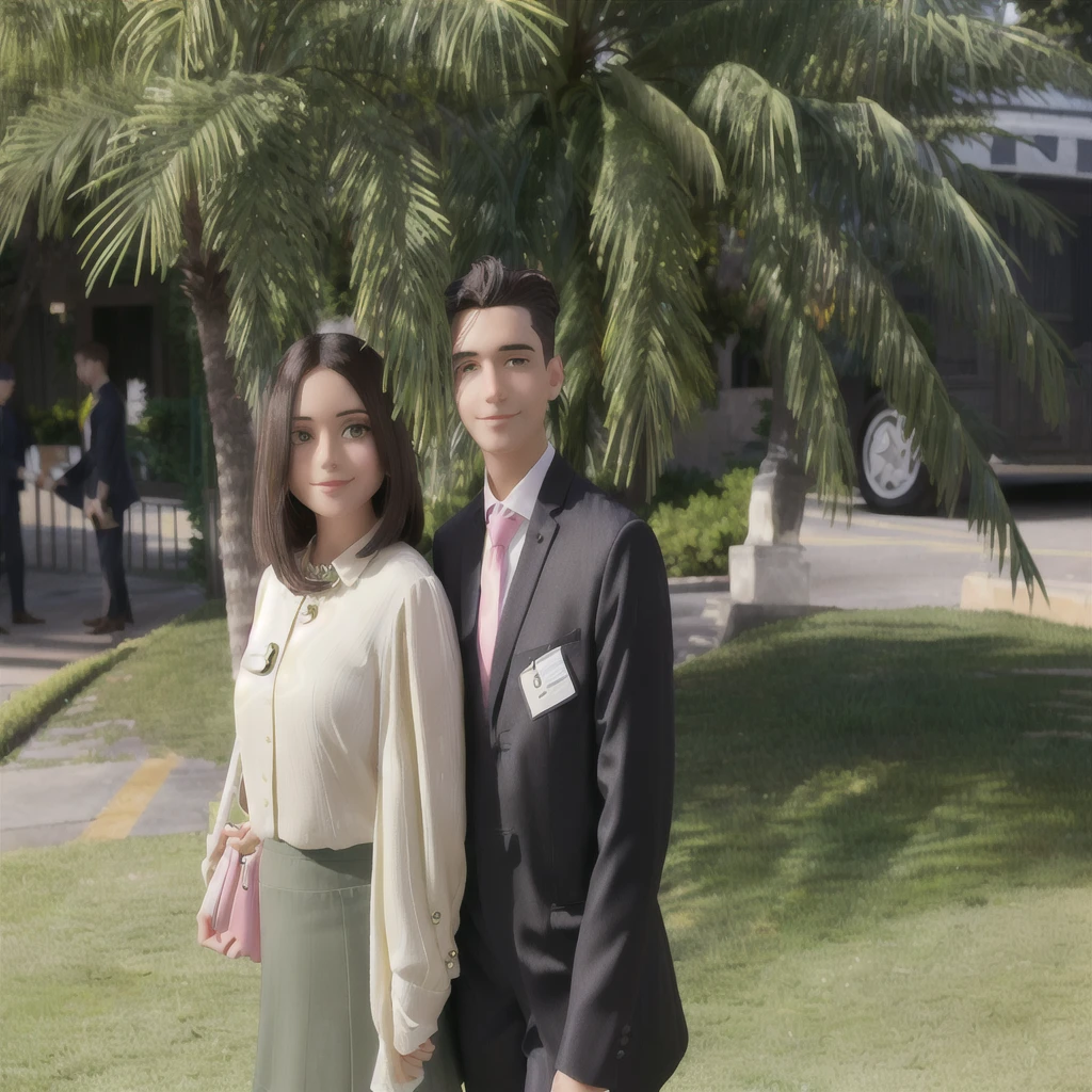 The photo was taken outdoors, probably in a garden or park, due to the presence of green grass and palm trees in the background. The couple is positioned in the center of the image. The woman on the left has dark, straight, shoulder-length hair. She is wearing large, dark sunglasses, a long-sleeved beige blouse with buttons down the front, and a green skirt that reaches below her knees. She holds a small brown bag in her right hand.

The man on the right is wearing a well-fitting black suit, with a white shirt and a light-colored tie. He has short, dark hair and is smiling. They both seem to be happy and well dressed for the occasion.

In the background, on the left, there are several people in formal attire, some talking to each other. A woman in a white coat and pink skirt is walking, and there is a man in a dark suit next to her. Further in the background, you can see a green fence and a paved area with yellow stripes on the ground, possibly indicating a sidewalk or path.

The environment is well lit, suggesting that the photo was taken during the day, with the sun shining. The palm trees and surrounding vegetation add a tropical touch to the setting.