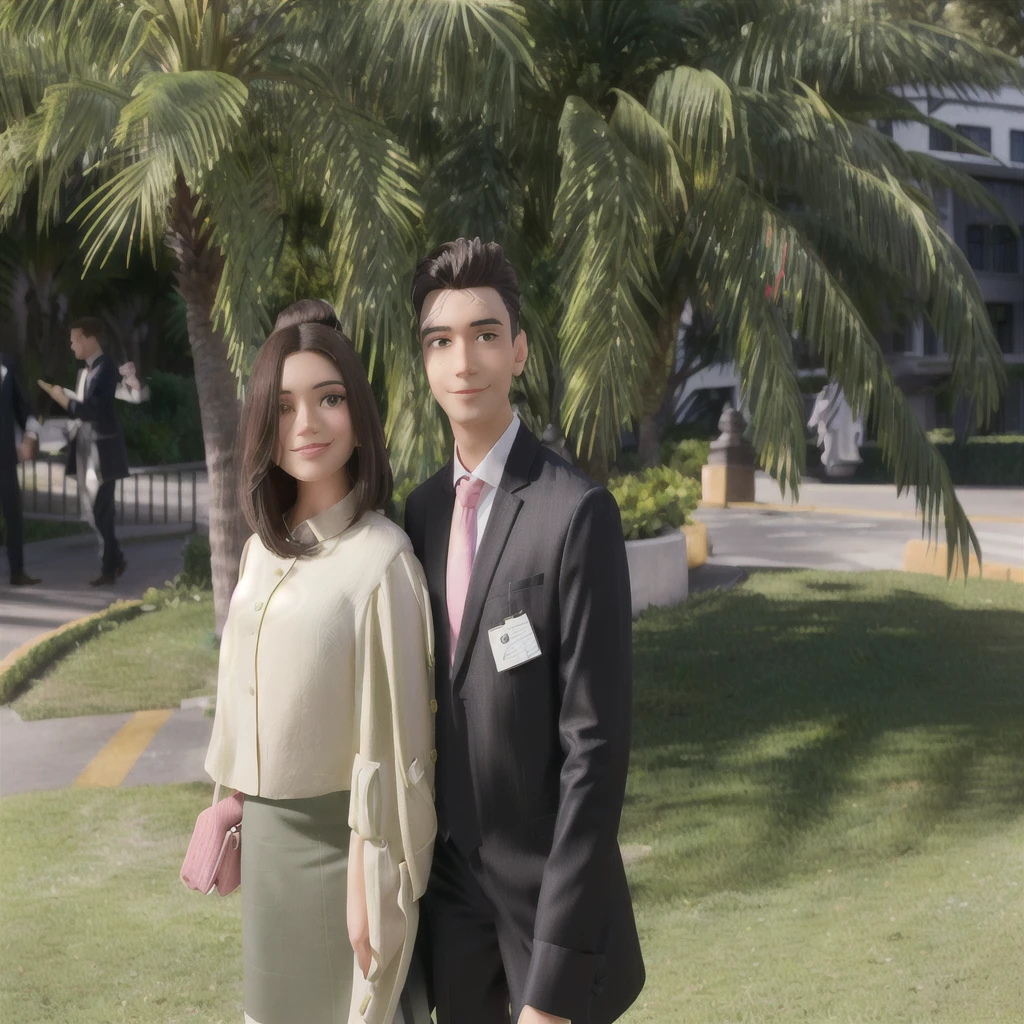 The photo was taken outdoors, probably in a garden or park, due to the presence of green grass and palm trees in the background. The couple is positioned in the center of the image. The woman on the left has dark, straight, shoulder-length hair. She is wearing large, dark sunglasses, a long-sleeved beige blouse with buttons down the front, and a green skirt that reaches below her knees. She holds a small brown bag in her right hand.

The man on the right is wearing a well-fitting black suit, with a white shirt and a light-colored tie. He has short, dark hair and is smiling. They both seem to be happy and well dressed for the occasion.

In the background, on the left, there are several people in formal attire, some talking to each other. A woman in a white coat and pink skirt is walking, and there is a man in a dark suit next to her. Further in the background, you can see a green fence and a paved area with yellow stripes on the ground, possibly indicating a sidewalk or path.

The environment is well lit, suggesting that the photo was taken during the day, with the sun shining. The palm trees and surrounding vegetation add a tropical touch to the setting.