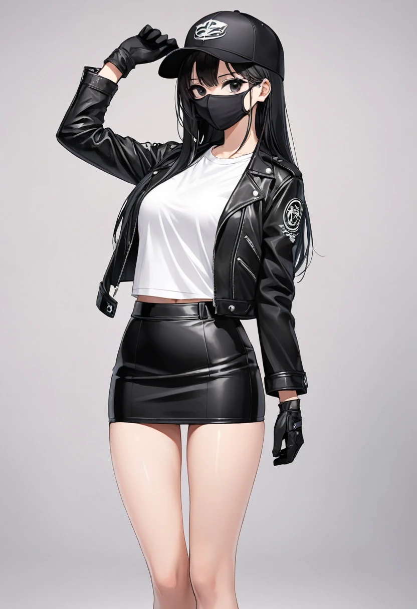 Black miniskirt , Black sneakers , white t-shirt , Black leather jacket , pencil skirt , Leather skirt , whole body , thighs , black hair , black eyes , straight hair , black ball cap , long sleeves , bare legs , face , Black gloves , standing posture , close up , black mask , Black waistband