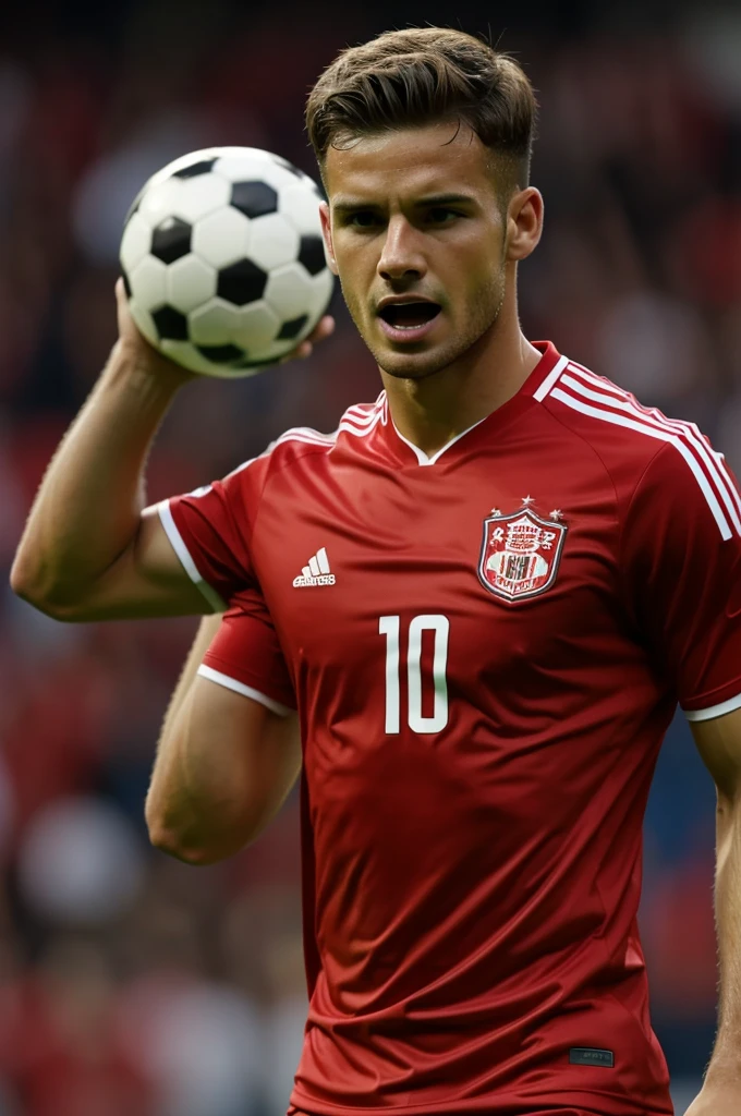 ((Best Quality)), Male soccer player in a red shirt singing the national anthem That only his face and half his body can be seen