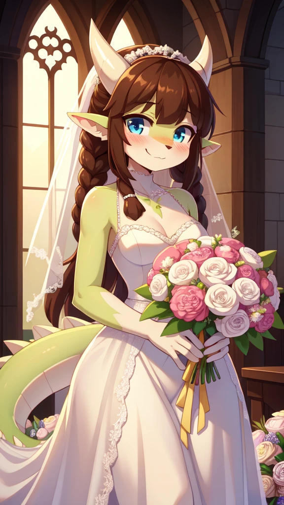 score_9,score_8_up,score_7_up, source_cartoon, source_furry, dragon girl, dragon tail, white dragon horns, brown hair, spiky bangs, long dreadlocks ponytail, dreadlocks side hair, blush, looking at viewer, smile, animal nose, 1girl, pointy ears, furry female, two tone body fur, lime body fur, clear lime body fur, medium breasts, ((wedding dress, bouquet of flowers)), blue eyes, blush, :3, uperbody, standing, skinny, church,
