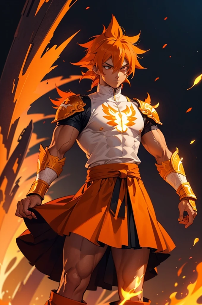 Tanned male with long, orange saiyan hair, wearing bright orange armour, wearing a skirt made of phoenix feathers, with flame tattoos on their face