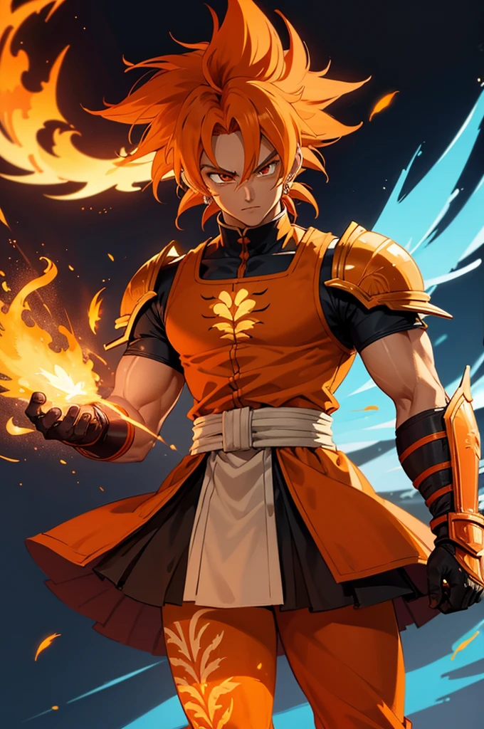 Tanned male with long, orange saiyan hair, wearing bright orange armour, wearing a skirt made of phoenix feathers, with flame tattoos on their face