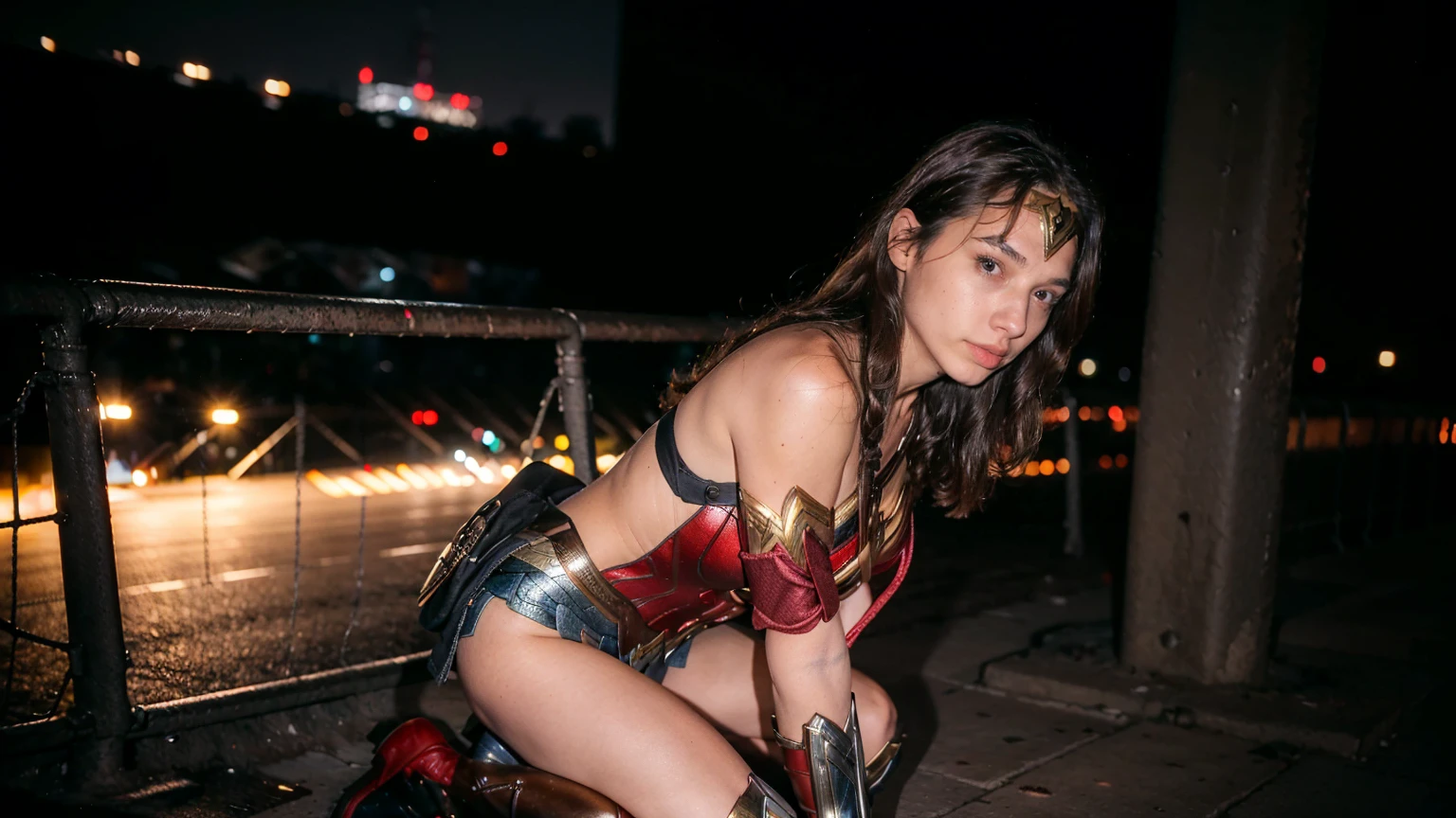 ((masterpiece), (solo character), (photorealistic:1.4), ),(best quality), (epiCRealLife), (g4lg), (wonder woman bra top), (g4lg show abs), (g4lg show cleavages), (Gal Godot in wonder woman costume), (lora:epiCFlashPhoto),(flashphoto), (flash photography) (look at viewers), (outdoor), (Eifel Tower), (night time), (city night lights), (street view), (kneeling poses)