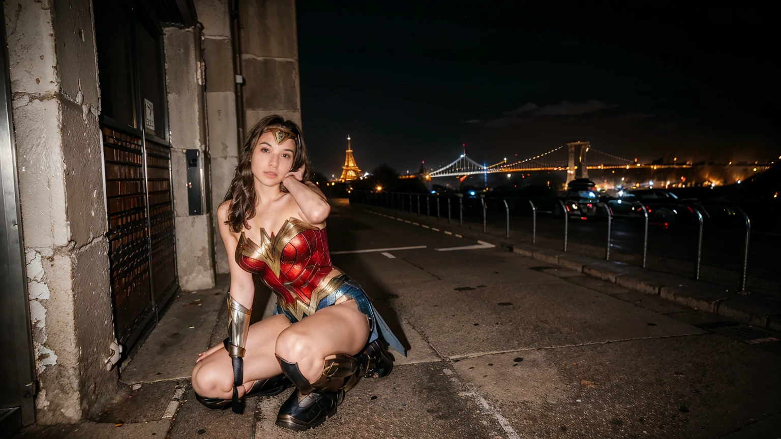 ((masterpiece), (solo character), (photorealistic:1.4), ),(best quality), (epiCRealLife), (g4lg), (wonder woman bra top), (g4lg show abs), (g4lg show cleavages), (Gal Godot in wonder woman costume), (lora:epiCFlashPhoto),(flashphoto), (flash photography) (look at viewers), (outdoor), (Eifel Tower), (night time), (city night lights), (street view), (kneeling poses)