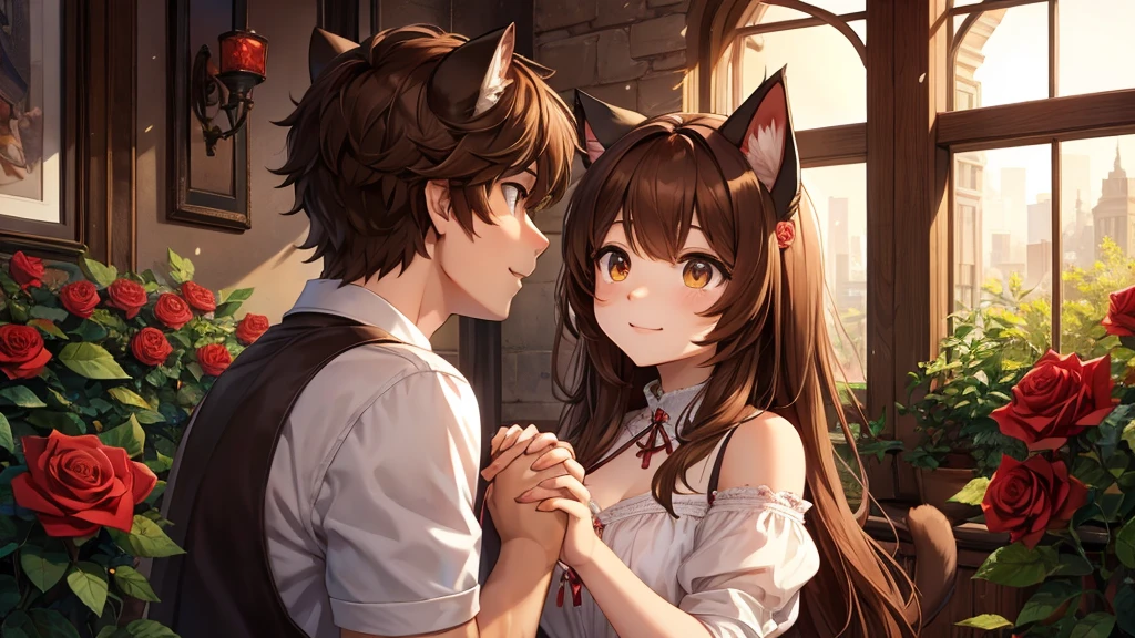 in the picture a guy with brown hair is holding the hand of a girl with brown hair and cat ears. roses
