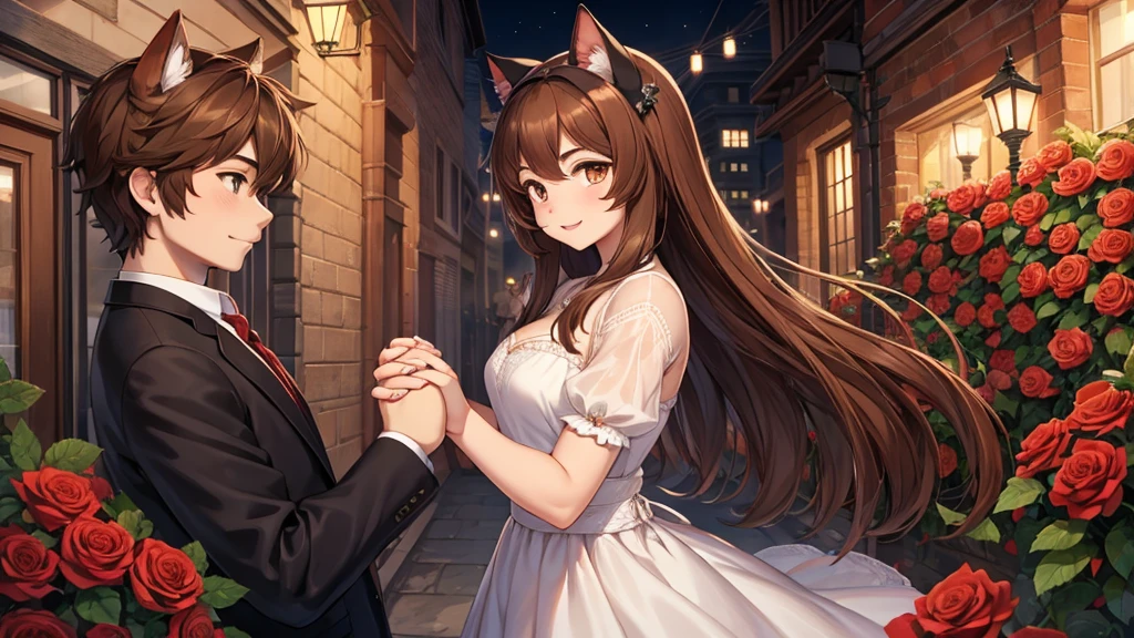 in the picture a guy with brown hair is holding the hand of a girl with brown hair and cat ears. roses
