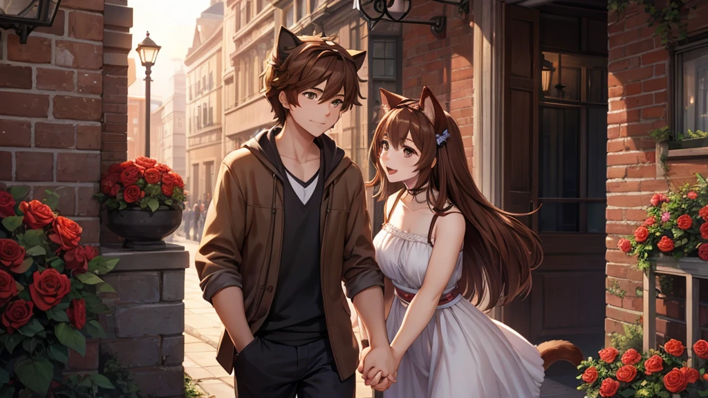 in the picture a guy with brown hair is holding the hand of a girl with brown hair and cat ears. roses