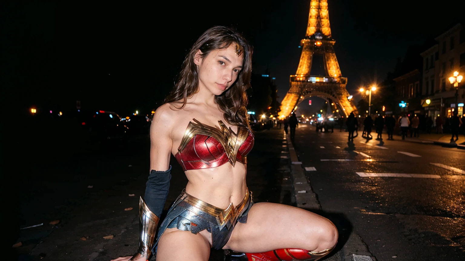 ((masterpiece), (solo character), (photorealistic:1.4), ),(best quality), (epiCRealLife), (g4lg), (wonder woman bra top), (g4lg show abs), (g4lg show cleavages), (Gal Godot in wonder woman costume), (lora:epiCFlashPhoto),(flashphoto), (flash photography) (look at viewers), (outdoor), (Eifel Tower), (night time), (city night lights), (street view), (kneeling poses) (close up)