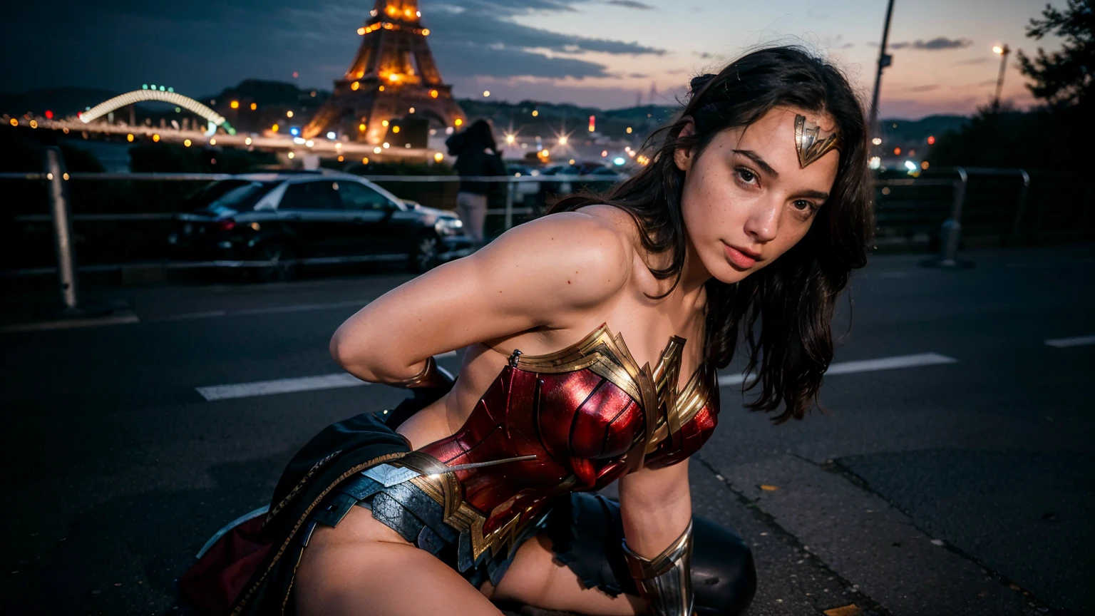 ((masterpiece), (solo character), (photorealistic:1.4), ),(best quality), (epiCRealLife), (g4lg), (wonder woman bra top), (g4lg show abs), (g4lg show cleavages), (Gal Godot in wonder woman costume), (lora:epiCFlashPhoto),(flashphoto), (flash photography) (look at viewers), (outdoor), (Eifel Tower), (night time), (city night lights), (street view), (kneeling poses) (close up)