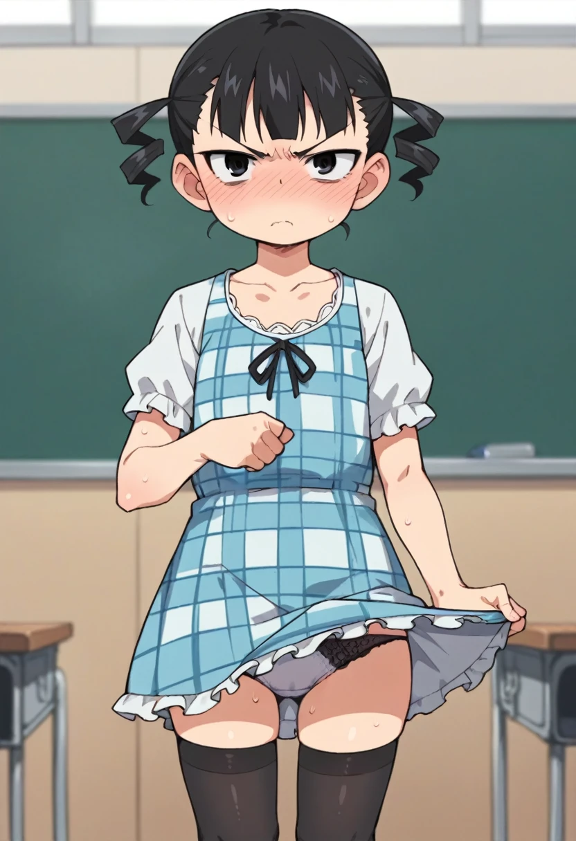 score_9, score_8_up, score_8, source_anime, 1girl, , solo, black hair, twintails, twin drills, short hair, black eyes, blush, plaid dress, black thighhighs,
classroom background, blurry background,lace panties,,lift skirt,looking viewer,angry,sweating,blush