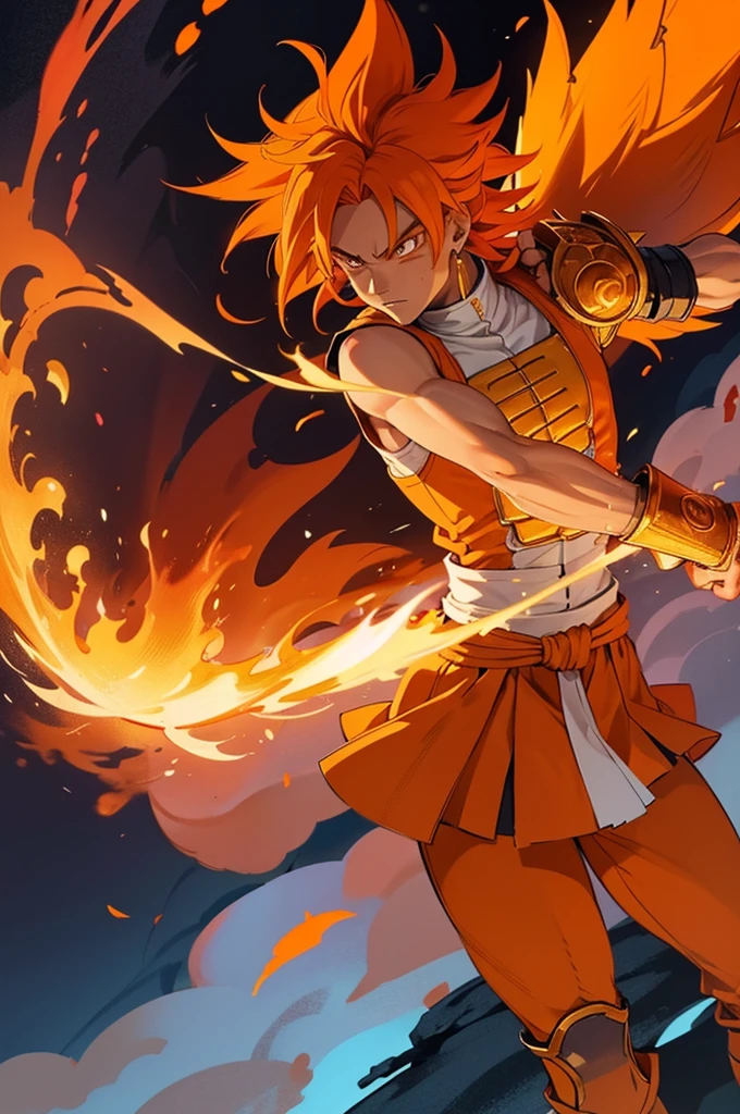 Tanned male with long, orange saiyan hair, wearing bright orange armour, wearing a skirt made of phoenix feathers, with flame tattoos on their face, in fantasy style