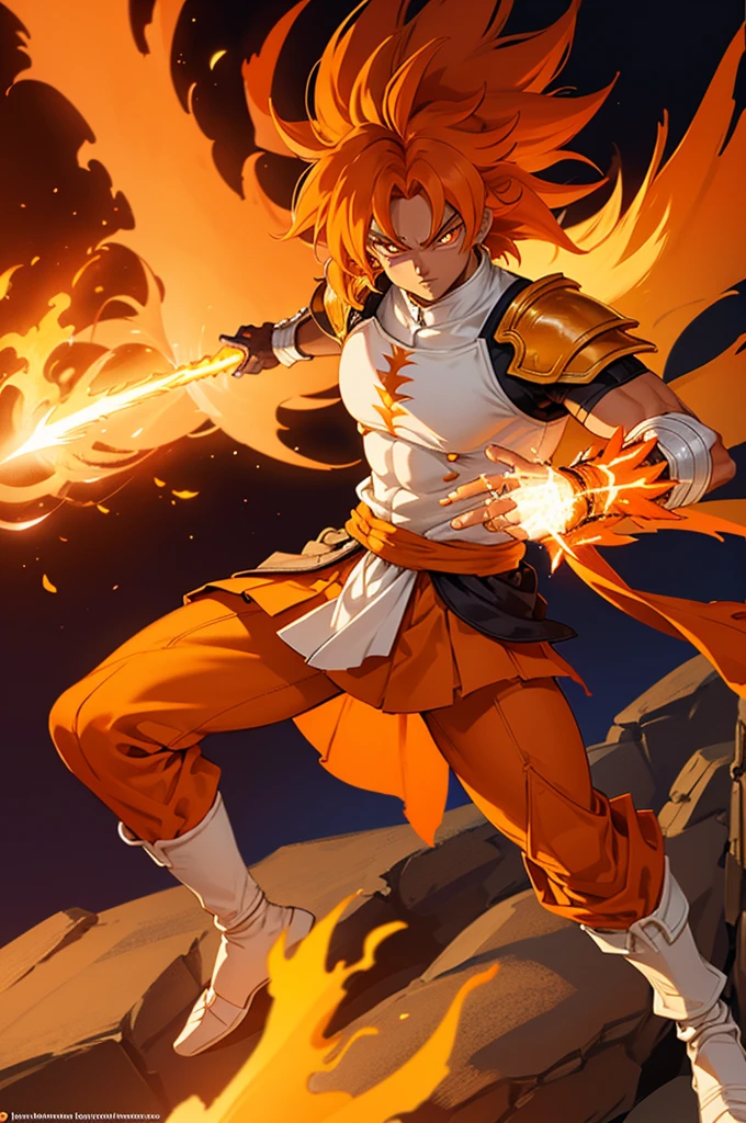 Tanned male with long, orange saiyan hair, wearing bright orange armour, wearing a skirt made of phoenix feathers, with flame tattoos on their face, in fantasy style