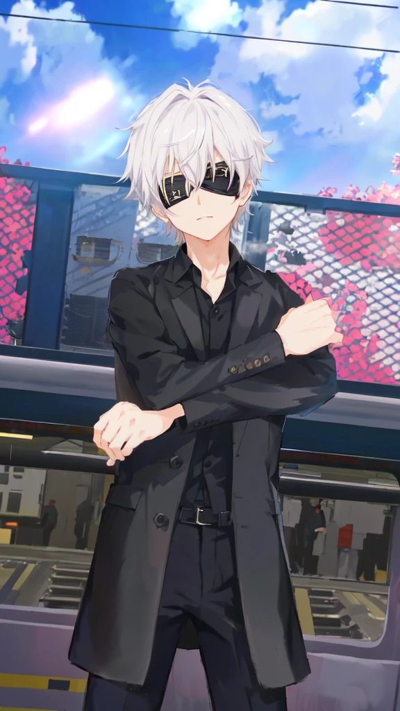 anime character in black suit standing in front of a train, inspired by Okumura Togyu, he wears an folded, black blindd, he has dark silver hairs, wearing an eyepatch, handsome anime pose, live2d, gojo satoru.