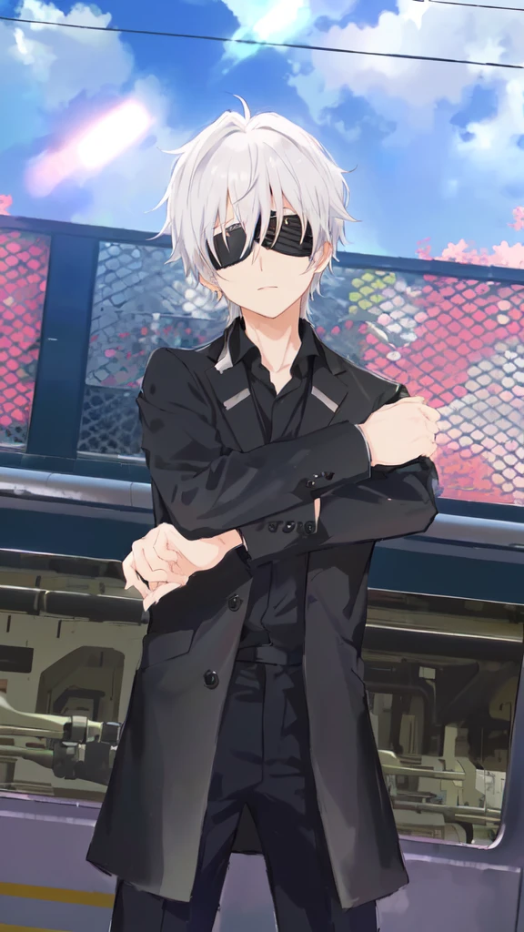 anime character in black suit standing in front of a train, inspired by Okumura Togyu, he wears an blind folded, black blindfolded, he has dark silver hairs, wearing an eyepatch, handsome anime pose, live2d, gojo satoru.