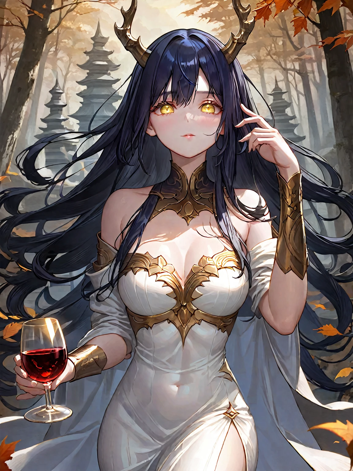 A masterpiece, Very detailed, ultra detailed, Alone, female, long dark blue hair, straight hair, golden eyes with slanted pupils, scales on arms, big breasts, high, ELEGANT DRESS, priestess, gentle smile, outdoor stone temple, draconic hands, cola, draconic horns, autumn forest, close up, broad smile, Chapped lips, long and thick eyelashes, squinted eyes, Santa, white scales, chalice with wine, bare shoulders