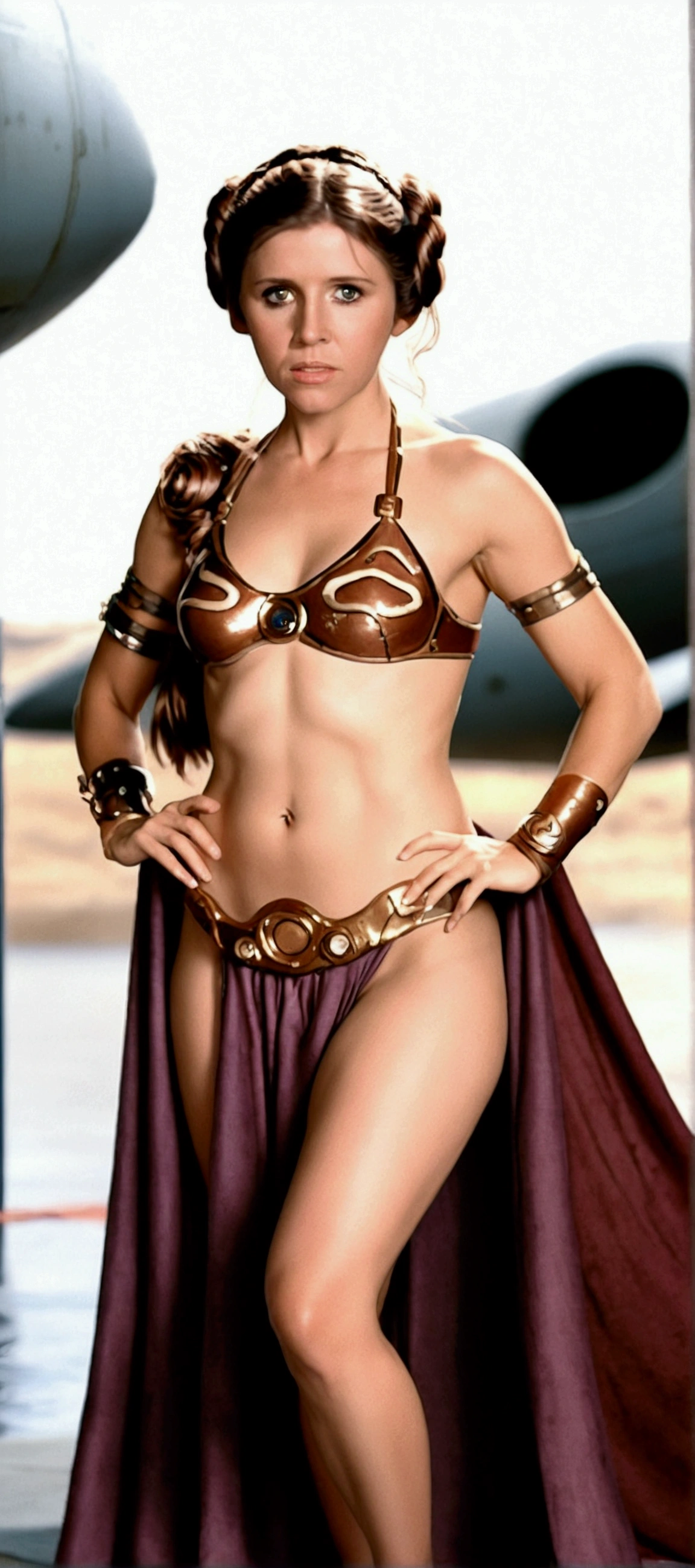 PRINCESS LEIA SLAVE. stars wars. with relaxed expression. micro tanga. full body closeup, full length cinematic shot. sensual. sexy, xxx, IN THE BACKGROUND OF AIRCRAFT CARRIERS. hyper realism. 8k. Photography, hyper realism. k. Photography (masterpiece, Super detail, High detail, Best Quality, 8k, Star Wars movie lighting