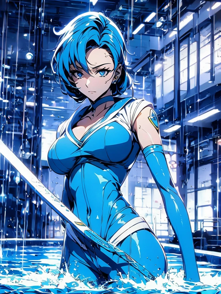 Sailor mercury in full police suit,long blue hair,Blue Power Ranger, hurricane ,Sexy goth woman big breast, character sheet,inside a pool,High Resolution, Large breasts, cyber samurai,ice swords
