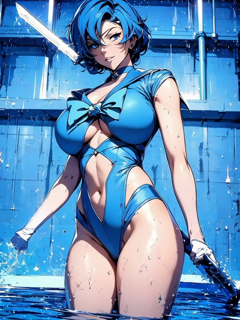 Sailor mercury in full police suit,long blue hair,Blue Power Ranger, hurricane ,Sexy goth woman big breast, character sheet,inside a pool,High Resolution, Large breasts, cyber samurai,ice swords
