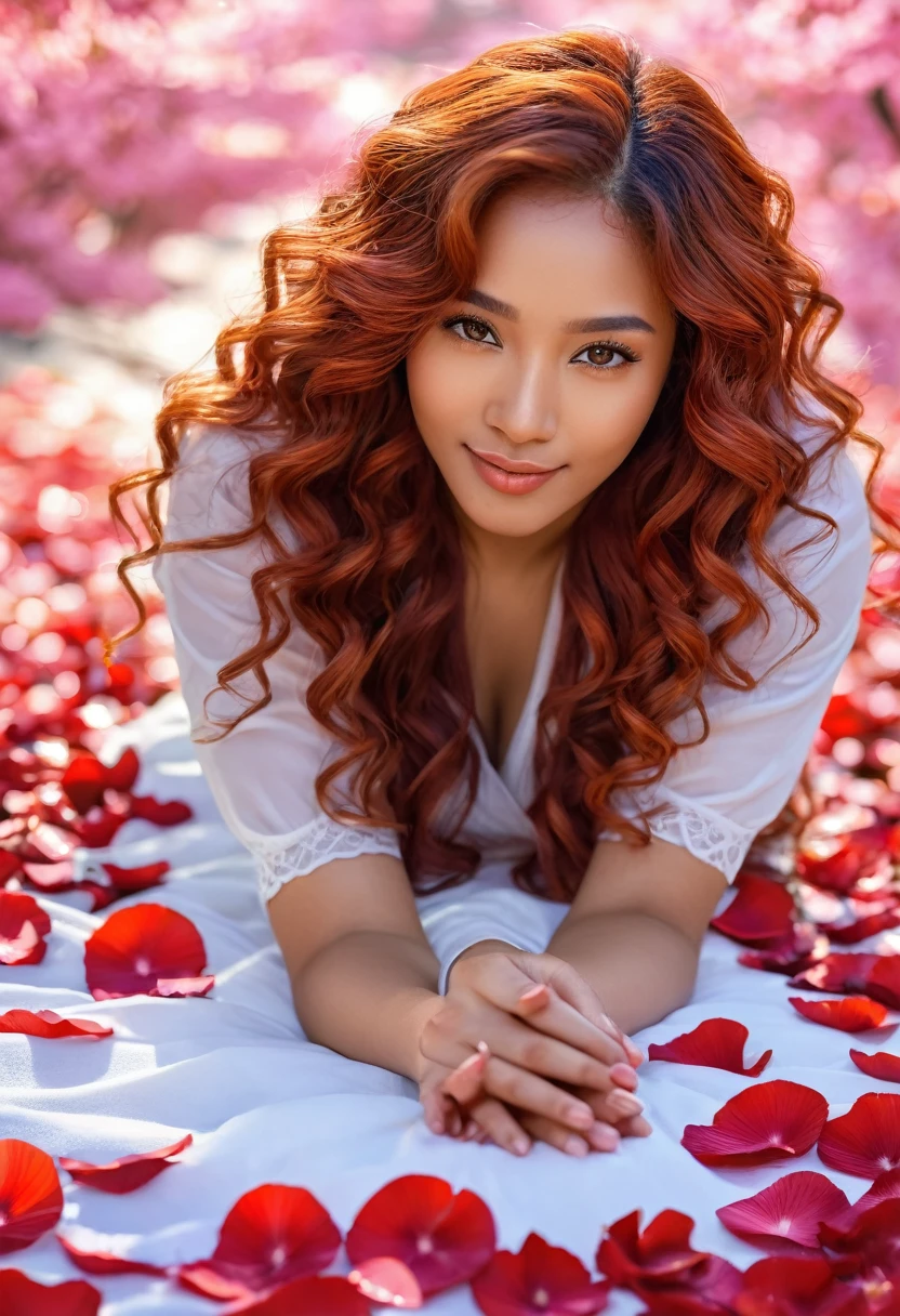 A beautiful mixed girl, perfect hands and feet, long red wavy hair, Sakura petals, Ventail, Amawed, (best quality,8k,highres,masterpiece:1.2),ultra-detailed,(realistic,photorealistic:1.37),portrait,vivid colors,bokeh