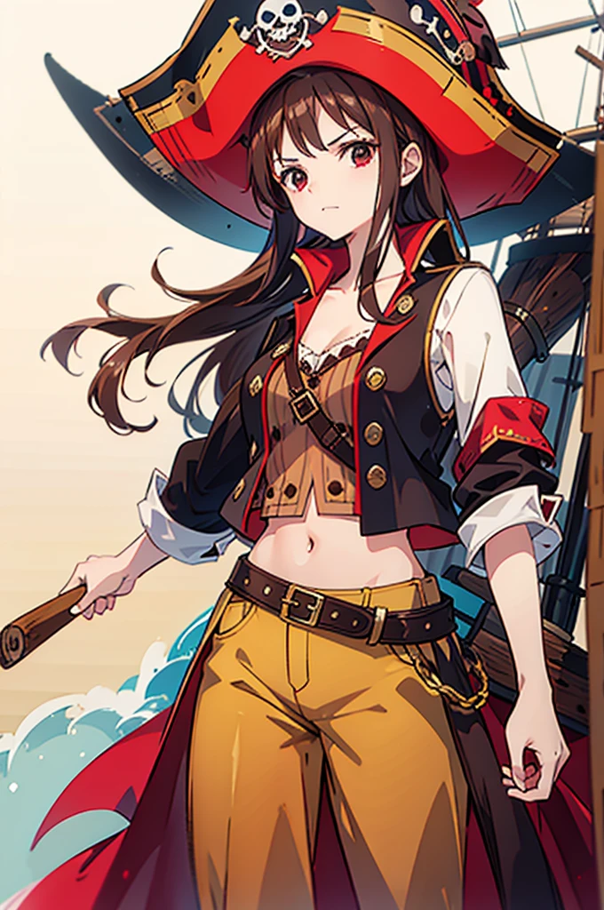 1 female, medium length brown hair, wearing pirate clothing, wearing straw hat with red band, on a pirate ship