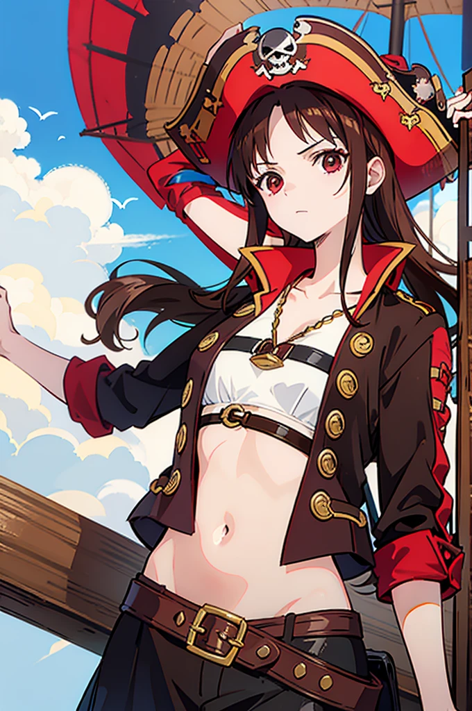 1 female, medium length brown hair, wearing pirate clothing, wearing straw hat with red band, on a pirate ship