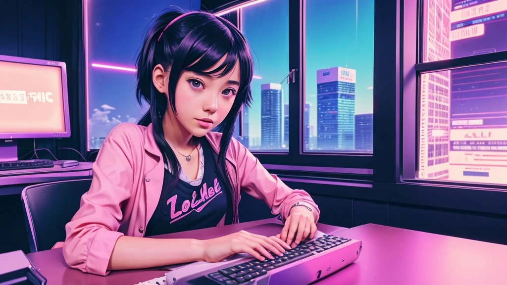 anime girl sitting at a desk with a laptop and a keyboard, lofi artstyle, lofi girl, lofi art, lofi vibes, lofi feel, lofi portrait, lo-fi art, ((synthwave)), anime vibes, anime aesthetic, lofi vibe, lofi girl aesthetic, lo-fi illustration style, synth feel, lofi aesthetic