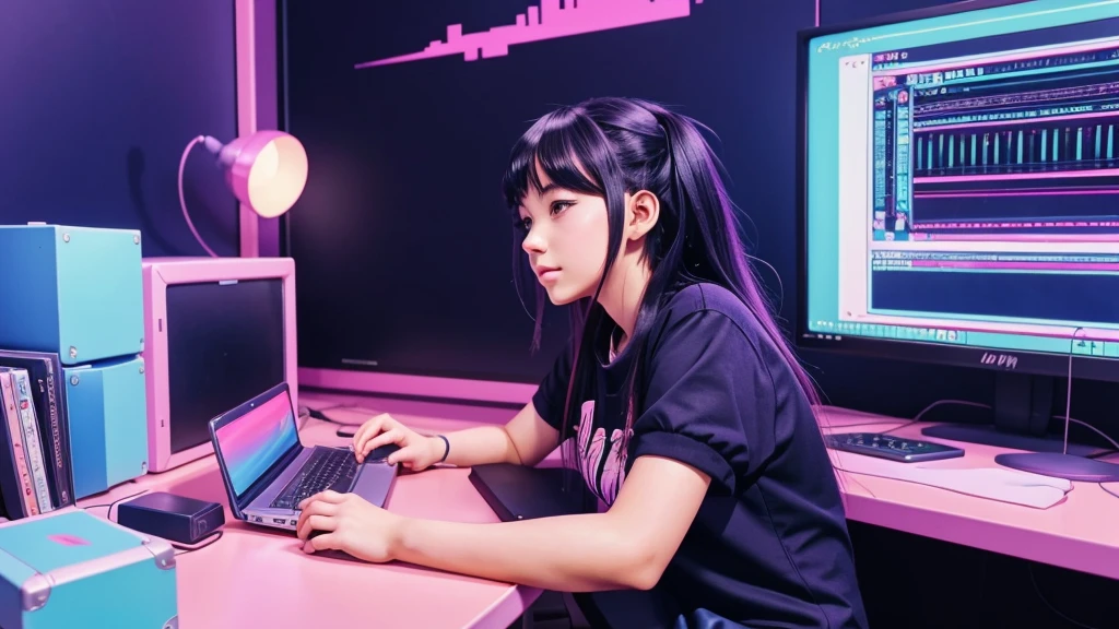 anime girl sitting at a desk with a laptop and a keyboard, lofi artstyle, lofi girl, lofi art, lofi vibes, lofi feel, lofi portrait, lo-fi art, ((synthwave)), anime vibes, anime aesthetic, lofi vibe, lofi girl aesthetic, lo-fi illustration style, synth feel, lofi aesthetic