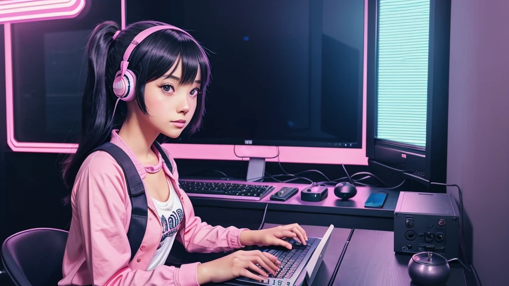 anime girl sitting at a desk with a laptop and a keyboard, lofi artstyle, lofi girl, lofi art, lofi vibes, lofi feel, lofi portrait, lo-fi art, ((synthwave)), anime vibes, anime aesthetic, lofi vibe, lofi girl aesthetic, lo-fi illustration style, synth feel, lofi aesthetic